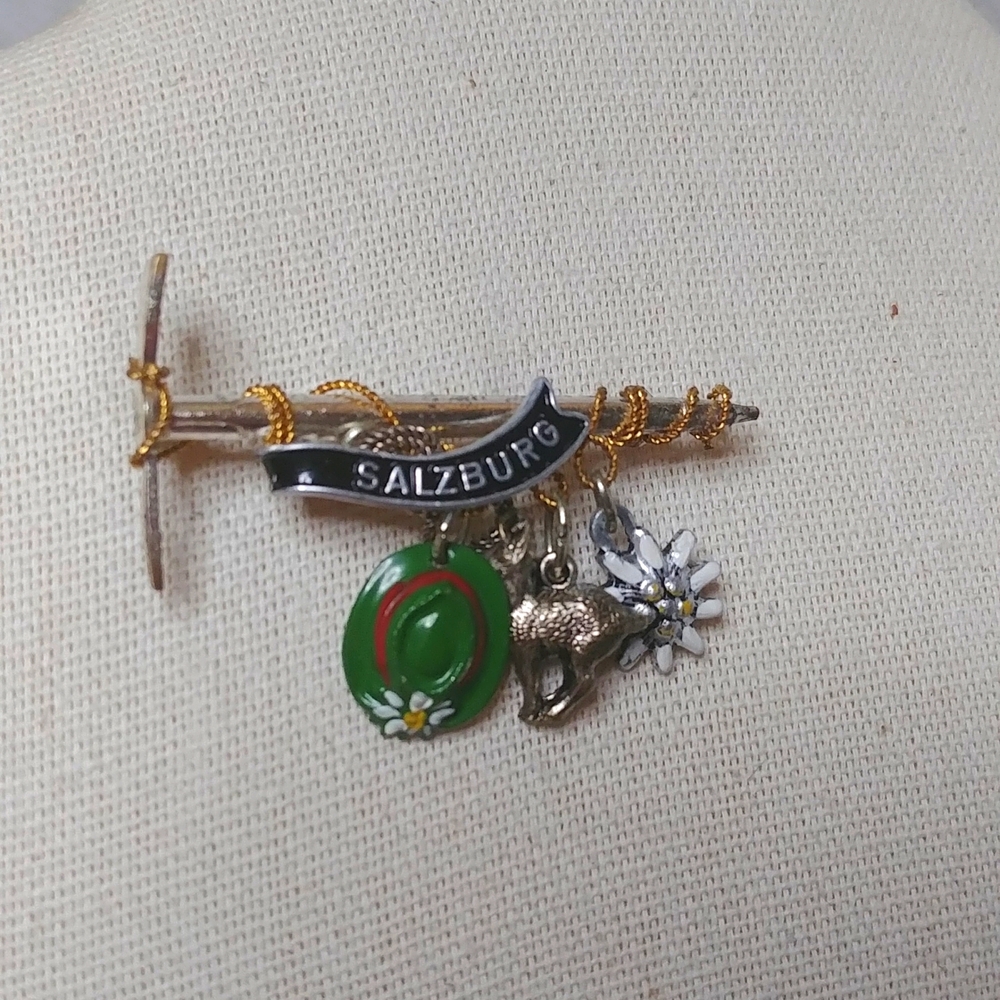 Salzburg Austria Charm Brooch Featuring a Hat Goat and Flower